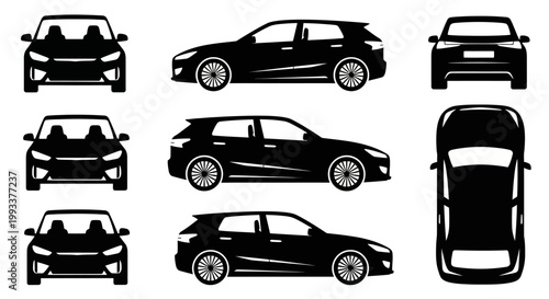 Set of car silhouettes: front, side, top views. Modern SUV design.