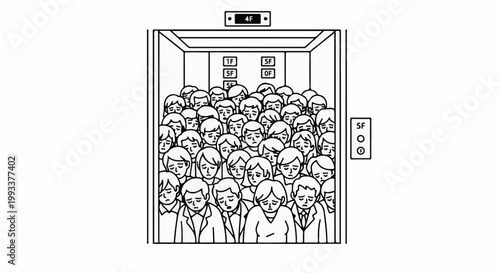 Overcrowded elevator interior with distressed passengers and floor indicators