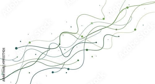 Abstract digital background with dynamic flowing green lines and interconnected dots, symbolizing data streams, network connections, and technological growth