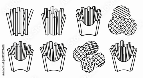 Stylized line drawings of various french fry and potato chip styles