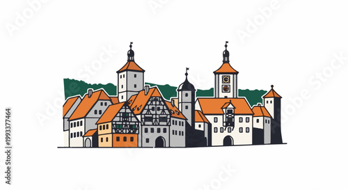 Stylized medieval village with towers and pitched roofs