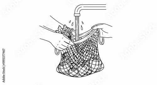 Hands rinsing vegetables in a net bag under a running faucet