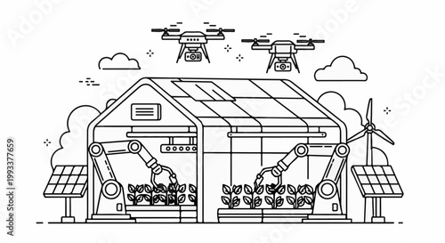 High-tech greenhouse with robots, drones, and renewable energy