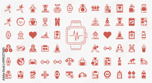 Collection of icons representing health and fitness activities, including running, yoga, and heart rate monitoring, perfect for digital wellness platforms and apps