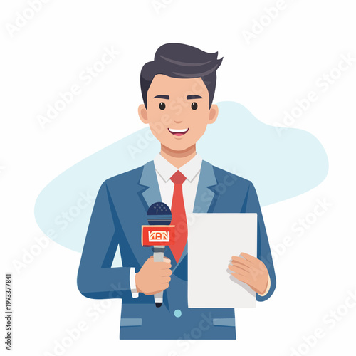 Male News Reporter Holding Microphone and Paper