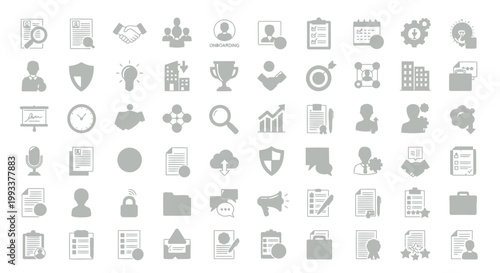 Large collection of contemporary business, office, and management vector icons, suitable for professional websites, presentations, dashboards, and application interfaces
