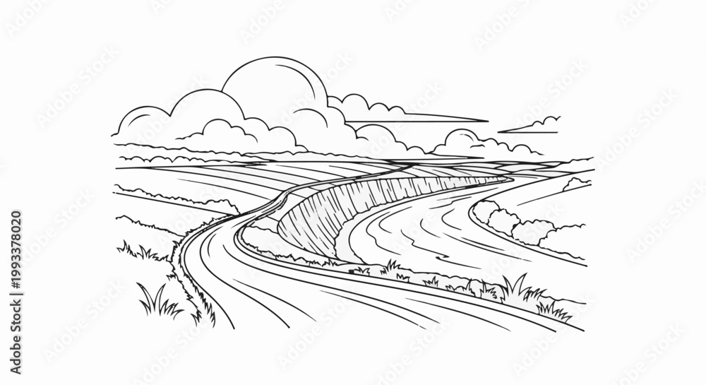 Fototapeta premium Stylized drawing of a winding road through rolling hills under a cloudy sky