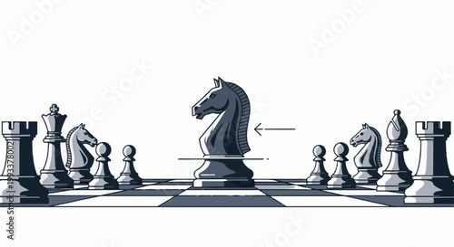 Chessboard set up with pieces, focused on a central knight piece