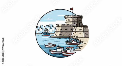 Circular depiction of a waterfront fort with boats and city skyline