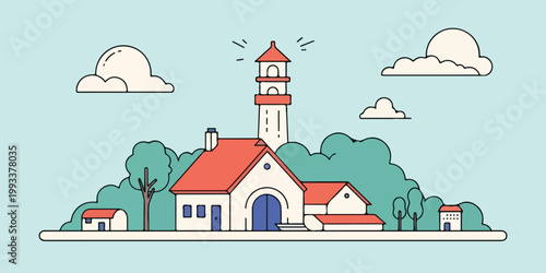 Cute Church Building Landscape – Flat Cartoon Vector Illustration