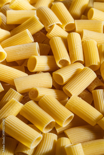Close up of uncooked Rigatoni pasta 