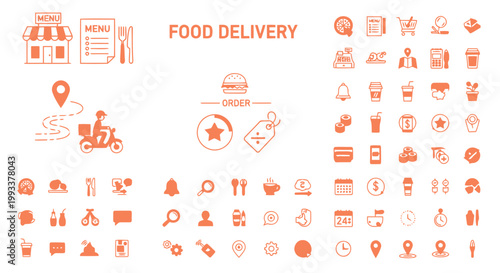 Vector icon set for modern food delivery and restaurant services, depicting online ordering, mobile app functions, payment, and logistical operations