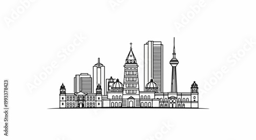 Diverse architectural styles create a stylized skyline silhouette on a white background