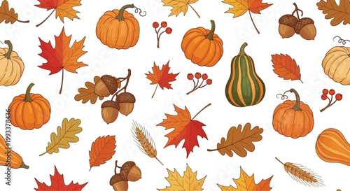Autumn Leaves and Pumpkins Pattern on White