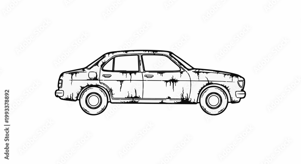 Fototapeta premium Stylized black and white sketch of a rusty, old sedan car
