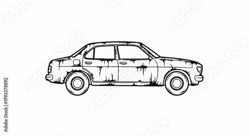 Stylized black and white sketch of a rusty, old sedan car