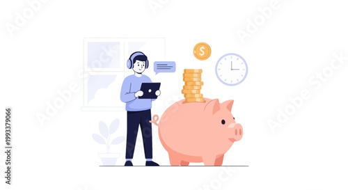 Financial Savings Concept with Man and Piggy Bank Illustration