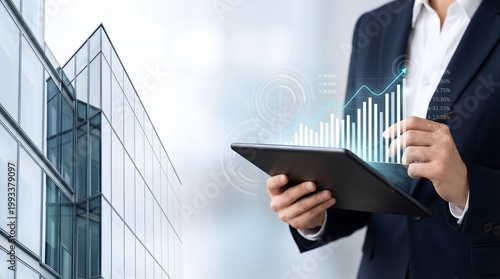 Cinematic close-up of a faceless executive in a textured navy blue suit analyzing glowing cyan financial growth charts on a sleek black digital tablet against a blurred glass skyscraper.