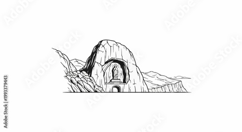 Sculpture of a figure in a rocky alcove with surrounding mountain landscape