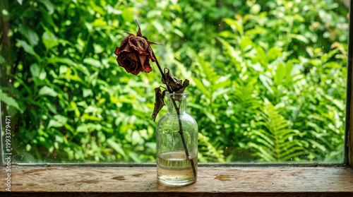 dry red rose in glass bottle