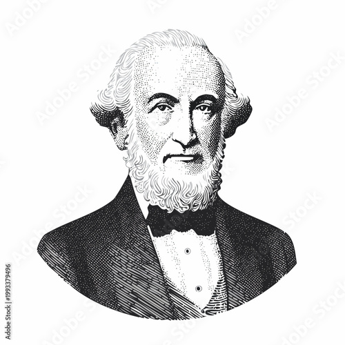 Vintage engraved portrait of an elderly gentleman in a suit and bowtie.