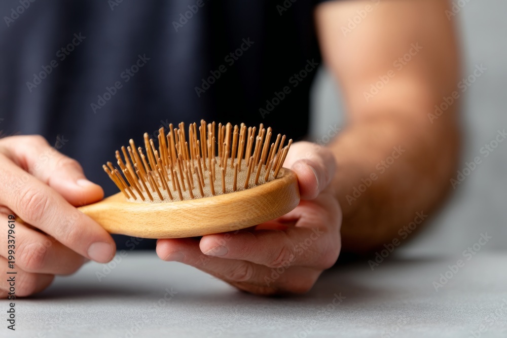 Naklejka premium Close-Up View of a Person Holding a Hairbrush Demonstrating Hair Loss Concept and Background