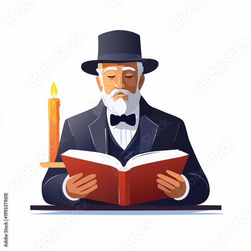 Elderly Victorian scholar reading a book by candlelight illustration