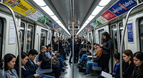 Daily commute scene inside subway train with passengers sitting and standing, absorbed in phones and thoughts, reflecting routine urban life, anonymity and shared journey

