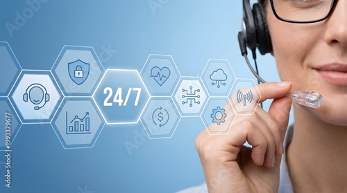Cinematic close up of smiling female operator wearing headset while interacting with floating 24/7 digital service icons for round the clock professional support.