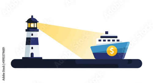 Lighthouse guiding a cargo ship at night with beam of light