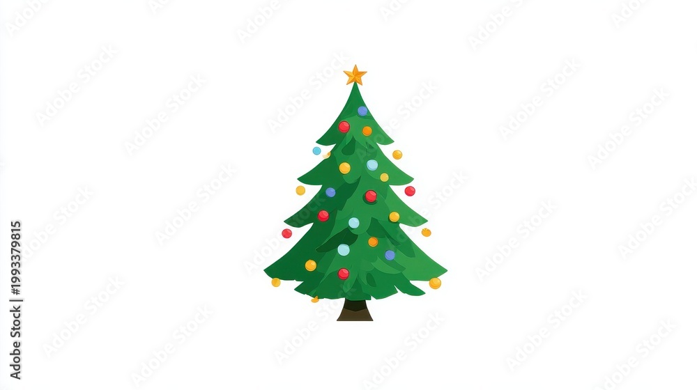 Fototapeta premium A Christmas tree, festive element, flat vector design, bright green with colorful baubles, isolated on white background. 