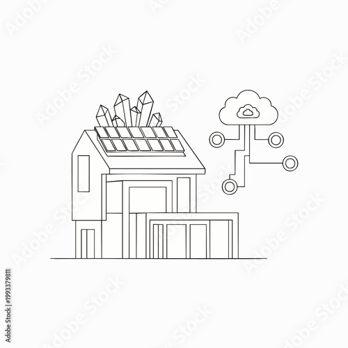Modern smart home with solar panels, crystals, and cloud connectivity concept, line art illustration