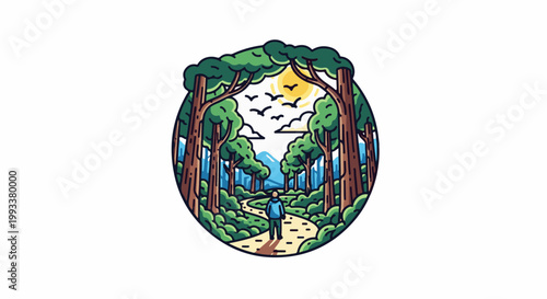 Person walking on a path through a forest towards mountains under a sunny sky