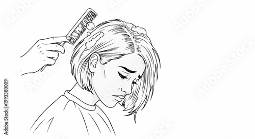 Line art shows a hand combing a woman's soapy hair, she looks sad