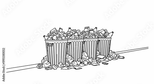 Overflowing trash cans line the street, spilling litter onto the pavement