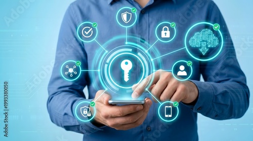 Interactive holographic cybersecurity interface managed by a professional on a mobile device representing high-tech data protection and digital privacy with glowing neon blue icons.