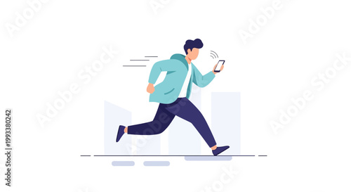 Young Professional Man Running and Checking Smartphone