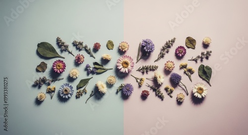 Minimal flat lay of dried flowers and leaves arranged in neat line across split blue and pink pastel background, blending nature, geometry and soft modern design

