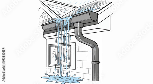 Overloaded gutter spills water onto brick wall and ground below