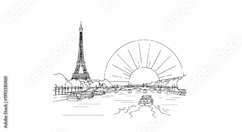 Parisian skyline with Eiffel Tower, bridge, boats, and a radiant sun