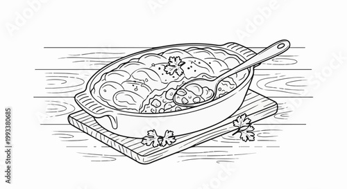 Hearty baked dish with a spoon on a wooden table, garnished with herbs