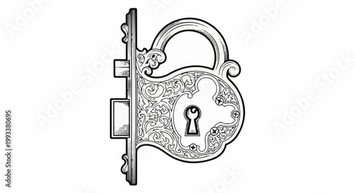 Ornate, vintage lock with decorative scrollwork and keyhole