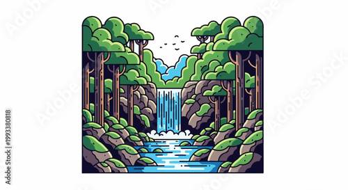 Lush forest scene with a cascading waterfall into a clear blue river