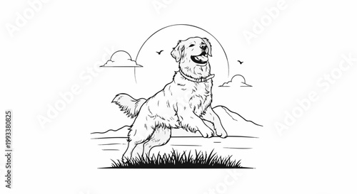 Joyful dog leaps with happiness amidst clouds, hills, and a setting sun