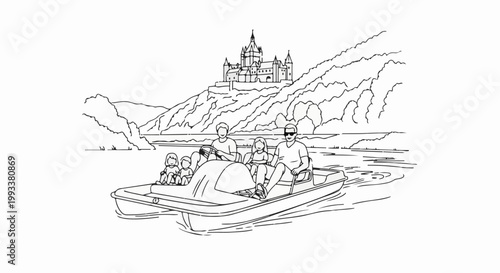 Family enjoys a pedal boat ride on a lake with a castle on a hill