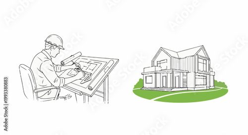 Draftsman drawing blueprint for a modern house with a green lawn