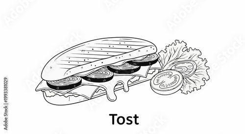 Black and white drawing of a grilled sandwich with melted cheese, onions, tomatoes, and lettuce