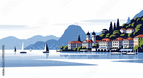 Lakeside town with sailboats and mountains in a flat, stylized illustration