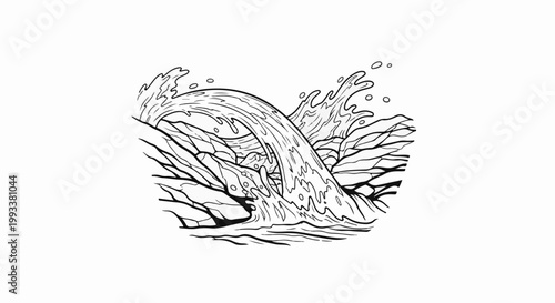Line art depicts a powerful waterfall crashing over rocks