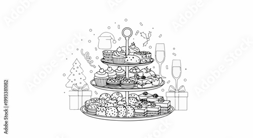 Festive tiered stand laden with holiday treats, gifts, and sparkling drinks